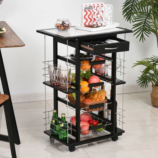 4-Tier Kitchen Trolley Cart on Rolling Wheels with 4 Removable Baskets, 4 Side Rack Organizer,Ceramics Tile Top