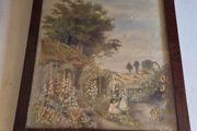 Original Victorian Needlework Painting Cottage Garden Scene Framed