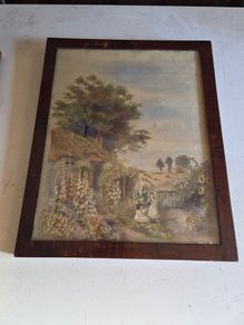 Original Victorian Needlework Painting Cottage Garden Scene Framed