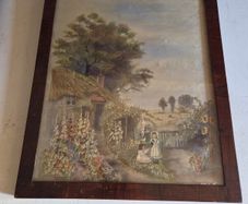 Original Victorian Needlework Painting Cottage Garden Scene Framed