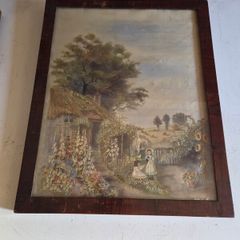 Original Victorian Needlework Painting Cottage Garden Scene Framed