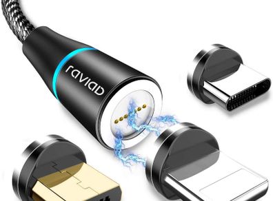 3 in 1 Magnetic Charging Cable, RAVIAD Multi Magnetic Charger Cable Nylon Braided Magnet USB Cable QC 3A Fast Charger for Micro USB/Type C/Phone (Black, 2M/6.6ft)