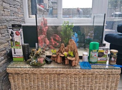 Fish tank with ornaments filters and heater. Food