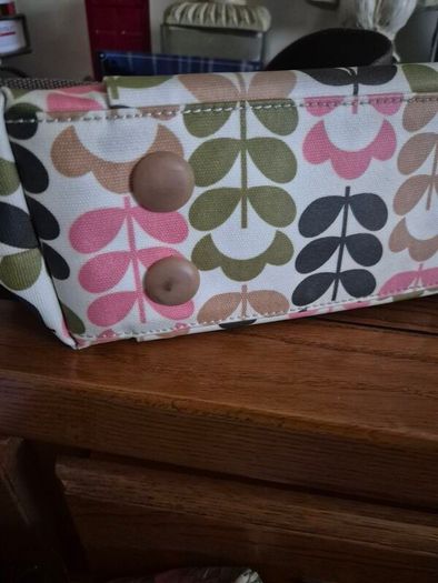 Orla Kiely Pink Green Tan Ivory Floral Stem Oilcloth Crossbody Bag