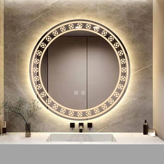 NEW SALE | Patterned 500mm Round Bathroom Mirror Wall Mounted Mirror with LED Light, Sleekest Illuminated Vanity Mirror, Anti-Fog Large Circle Makeup Mirror, 3-Color Dimmable LED Light, IP44
