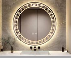 NEW SALE | Patterned 500mm Round Bathroom Mirror Wall Mounted Mirror with LED Light, Sleekest Illuminated Vanity Mirror, Anti-Fog Large Circle Makeup Mirror, 3-Color Dimmable LED Light, IP44
