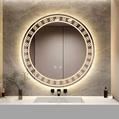 NEW SALE | Patterned 500mm Round Bathroom Mirror Wall Mounted Mirror with LED Light, Sleekest Illuminated Vanity Mirror, Anti-Fog Large Circle Makeup Mirror, 3-Color Dimmable LED Light, IP44