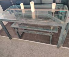 dining table, coffee table & 4 leather chairs