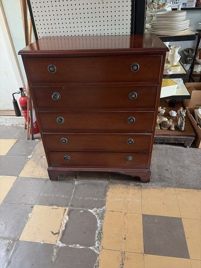 traditional English-style mahogany furniture, this twin-pedestal dressing table, five drawer chest of drawers to match and dressing table stool