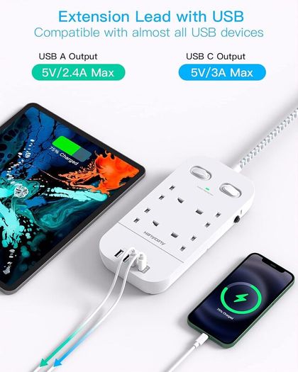 4 Way Surge Protected Extension Lead with USB Slots Multi Plug Power Strip Extension Cable with Double Switches, Plug Extension Socket 1.8M Braided Extension Cord for Home Office Accessories Brand: HANYCONY