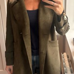 Olive green faux-suede coat featuring a prominent plush fur collar