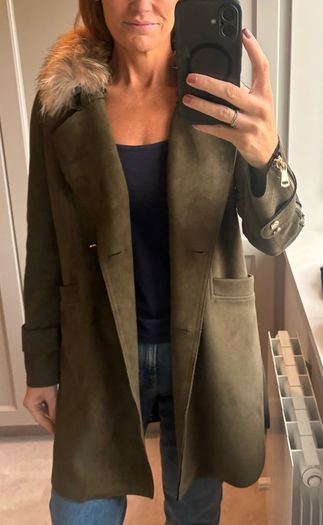 olive green faux-suede double-breasted coat featuring a prominent plush F U R colla