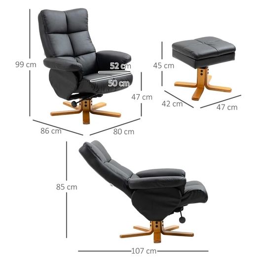 Faux Leather Swivel Recliner Chair with Footstool, Wooden Base and Storage for Living Room, Black (FREE POSTAGE)
