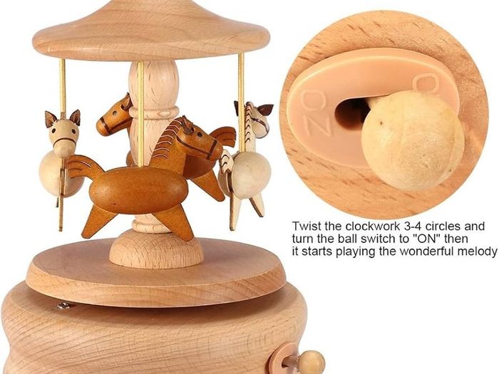 Wooden Vintage Music Box Carousel with 4 Horses