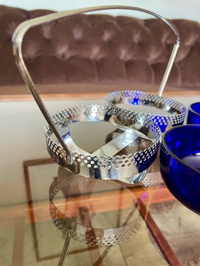 Vintage 1950s Cobalt Blue Glass & Silver Chrome Double Table Basket