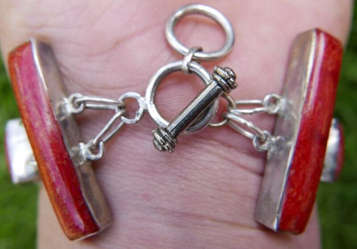 Vintage Red Fossilized Coral .925 Sterling Silver handcrafted Large Bali Bracelet and Red Coral Horn Pendant Necklace