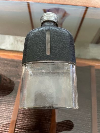 Edwardian Pewter Glass and Leather Gentlemans Hip Flask