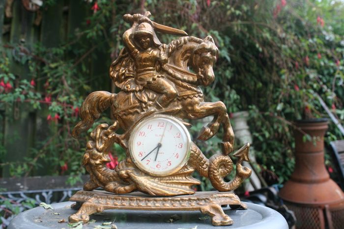 Vintage Brass Table Clock Knight on Horseback and Dragon, Saint George and Dragon, Mechanical  Clock SLAVA 11 JEWELS,  Working