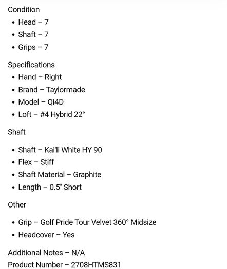 Taylormade Qi4D Hybrid / #4 22 Degree / Kai'li White HY 90 Stiff