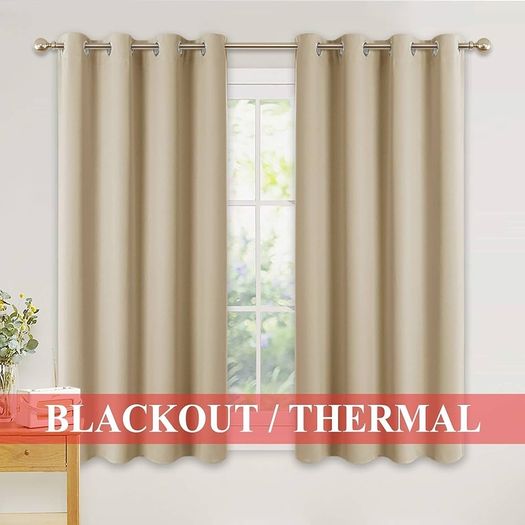 NEW SALE | Beige Thermal Curtains - Eyelet Short Cream Curtains Room Darkening & Noise Reducing Curtain Panels for Kitchen Bedroom, 2 PCs, Wide 46 inch by Drop 54 inch