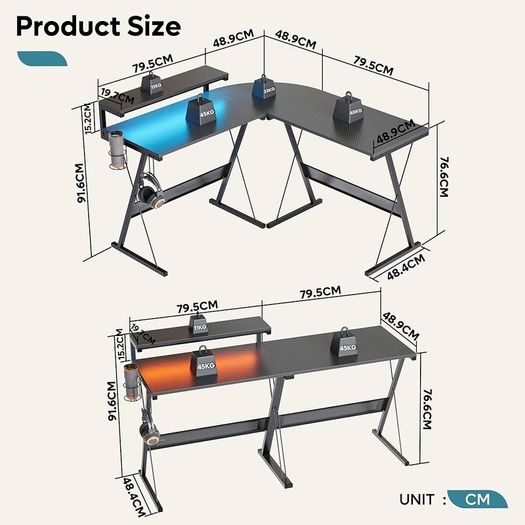 L Shaped Gaming Desk Computer Desk with LED Lights Monitor Stand 130CM Corner Desk with Cup Holder Headset Hook Ergonomic for Home Office Small Space