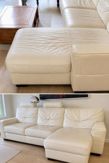 Cream Leather Corner Sofa Bed with Storage Genuine Leather