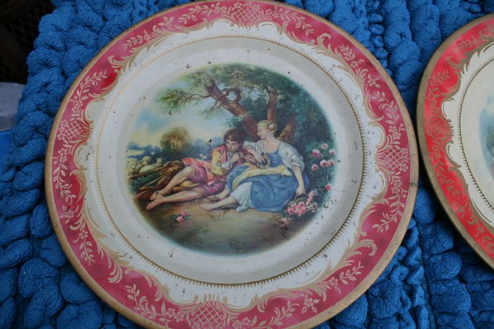 2 Antique Tin Plate Metal Box Co Portland Ware MELODY Shepherds Romantic 10" Wear