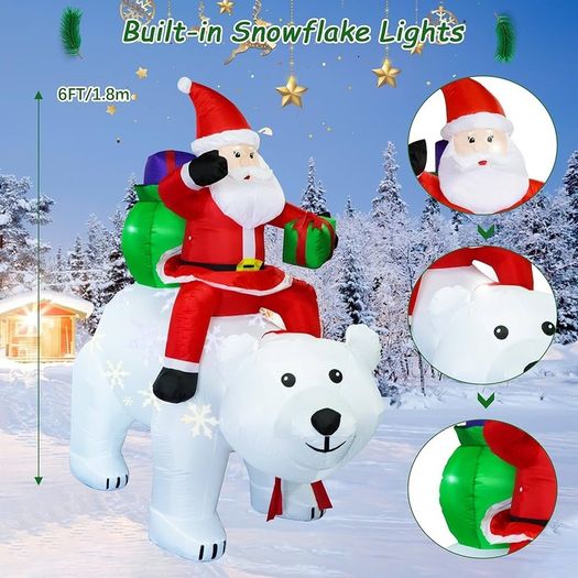 6FT/1.8m Christmas Inflatable Decorations with LED Light, Inflatable Santa Claus Riding Polar Bear with Shaking Head, Holiday Decorations Outdoor Decor for Christmas Party
