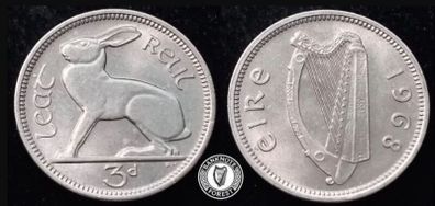 [#2535] - Ireland 1968 | Irish 3d | 3 Pence | Hare | KM.12a