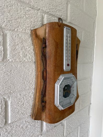 Vintage French Wall Barometer & Thermometer. Mid-Century Rustic Weather Station