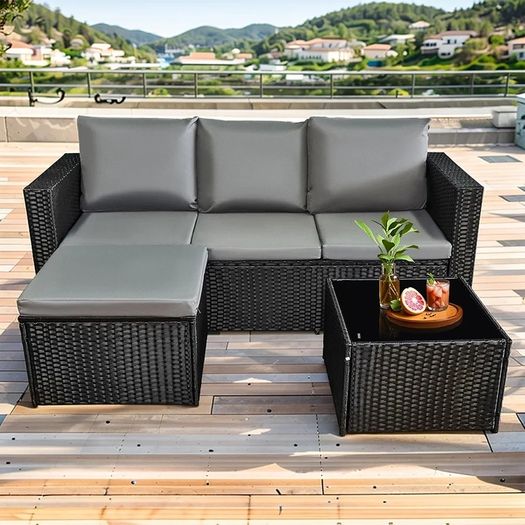 3 Pieces Rattan garden furniture Patio Furniture Sets All Weather Outdoor Sectional Patio Sofa Manual Weaving Wicker Rattan Corner Sofa with Grey Cushions and Glass Table