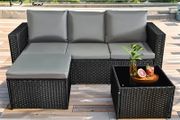 3 Pieces Rattan garden furniture Patio Furniture Sets All Weather Outdoor Sectional Patio Sofa Manual Weaving Wicker Rattan Corner Sofa with Grey Cushions and Glass Table