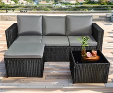 3 Pieces Rattan garden furniture Patio Furniture Sets All Weather Outdoor Sectional Patio Sofa Manual Weaving Wicker Rattan Corner Sofa with Grey Cushions and Glass Table