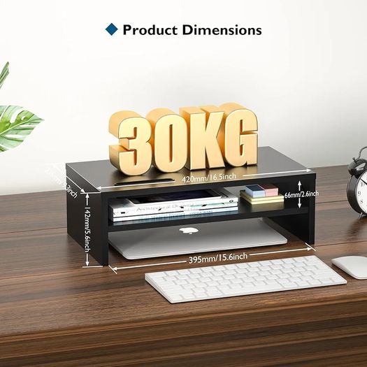 Wooden Desk Riser for Screen and Laptop, 420mm Wide PC Platform with Cable Slots, Phone Holder, 30kg Load, Ergonomic Desktop Organiser for Home Office Use