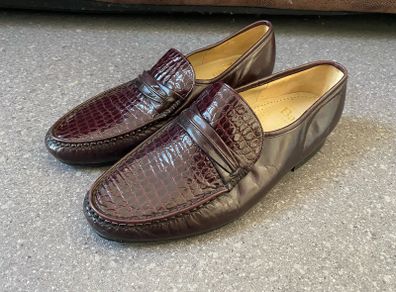 Barker Harvard Penny Loafers UK 10 G Burgundy Croc Embossed Leather Made in England