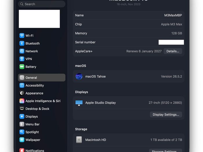 MacBook Pro 16" - M3 Max (40 Core GPU; Top Spec) - 128GB Memory (Top Spec) - 2TB SSD - AppleCare+ [Boxed!]