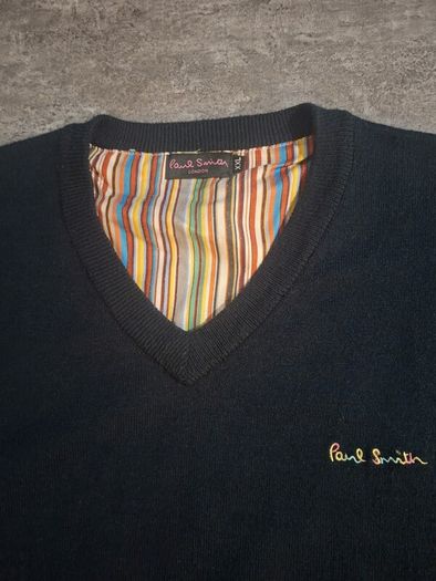 Paul Smith London Men's V-Neck Sweater XXL Navy Blue Merino Wool Cashmere Stripe