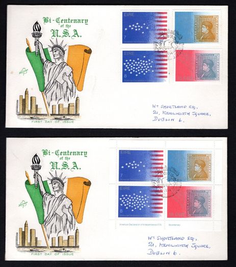 1976 Ireland Bi-Centenary of the American Declaration of Independence Commemorative stamps and miniature sheet Hibernian First Day Cover (FDC)