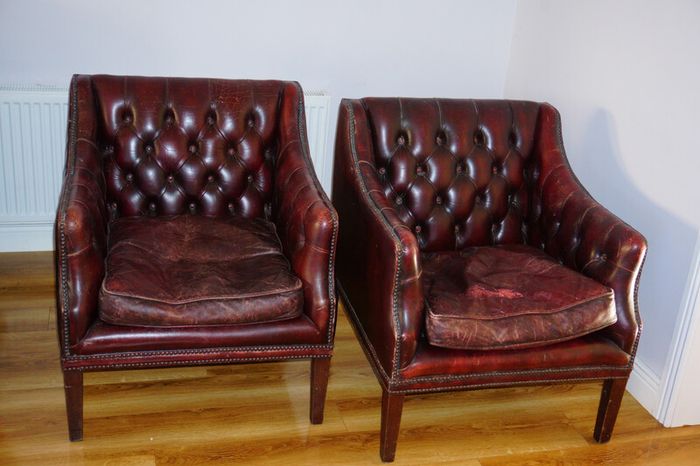 Millbrook Club Chairs, Matching Pair c.1960s, Chesterfield styled in Red Oxblood Leather
