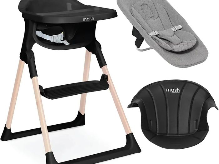 Mash High Chair Bundle by Baby Elegance | Includes Newborn Seat (0-6 Months), Toddler Seat (6+ Months) & Black Cushion | Adjustable Black High Chair for Babies & Toddlers