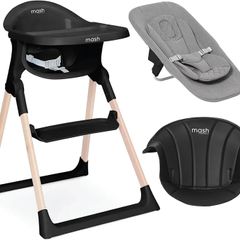 Mash High Chair Bundle by Baby Elegance | Includes Newborn Seat (0-6 Months), Toddler Seat (6+ Months) & Black Cushion | Adjustable Black High Chair for Babies & Toddlers