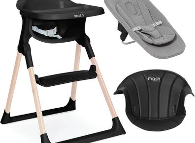 Mash High Chair Bundle by Baby Elegance | Includes Newborn Seat (0-6 Months), Toddler Seat (6+ Months) & Black Cushion | Adjustable Black High Chair for Babies & Toddlers
