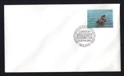 1983 Ireland Stampex London 15-20th February Exhibition Cachet tying 22p Galway Hooker Commemorative Stamp on Plain Cover