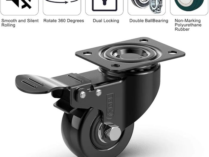 Heavy Duty Castor Wheels with 4 Brakes + Screws - 50mm - 200 kg Load - Set of 4 - No Floor Marks Silent Caster for Moving Furniture - Rubbered Swivel Trolley Wheels - Black Castors