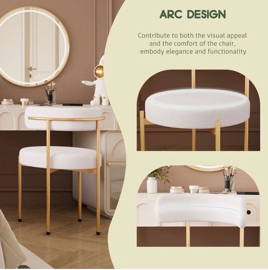 Desk Chair No Wheels Vanity Chair Comfy Accent Chair for Living Dining Room Bedroom Home Office Mid Century Modern Upholstered Armless with Metal Legs (Gold Frame+White, 1)