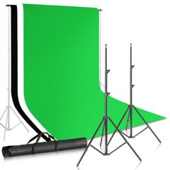 Photography Backdrop Stand Kit 2x3m with 3x6m Muslin Backgrounds - Black, White & Green