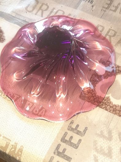 Beautiful Vintage Large Bohemia Crystal Bowl, Pink Purple toned glass with a Ruffled Wavy Bowl Postage Available or Collection