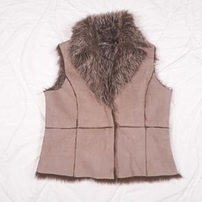 Denim Co Brown Taupe Suede Faux Fur Sleeveless Bodywarmer Gilet 14UK/42EU