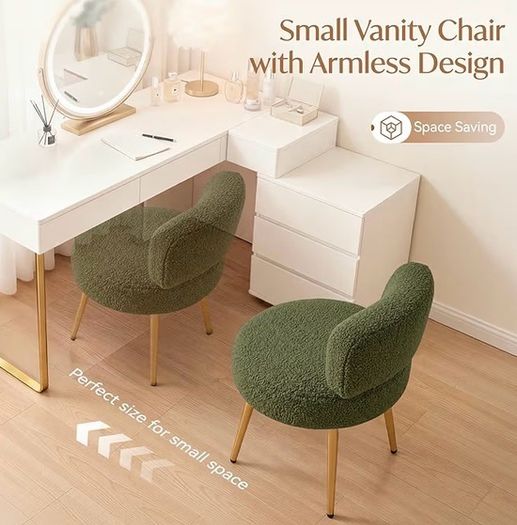 Green Dressing Table Chair with Gold Legs, Teddy Velvet Makeup Vanity Stool Chair for Dressing Table, Bedroom, Living Room