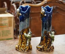 Pair of Antique Japanese Sumida Gawa Figural Spill Vases, c.1900
